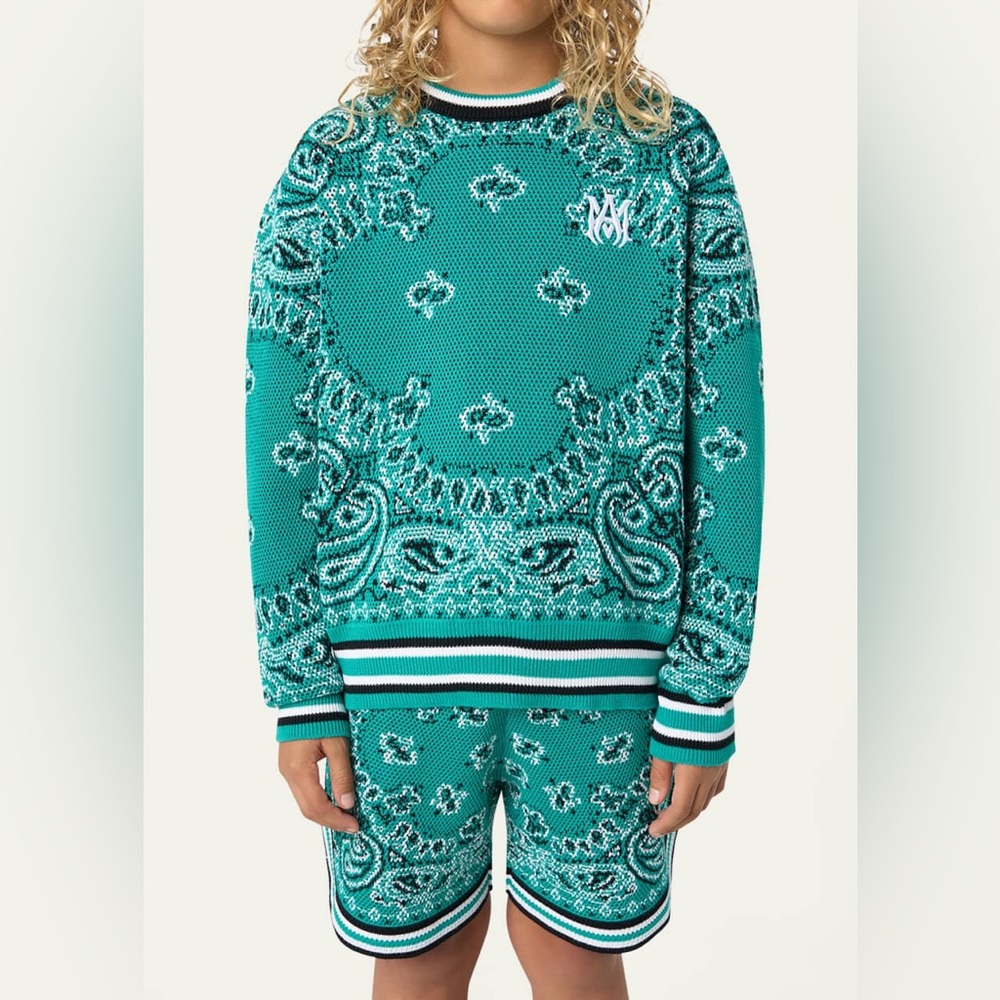 AMIRI Kid's Bandana-Print Crewneck Sweatshirt And Shorts Set 8Y Teal Authentic